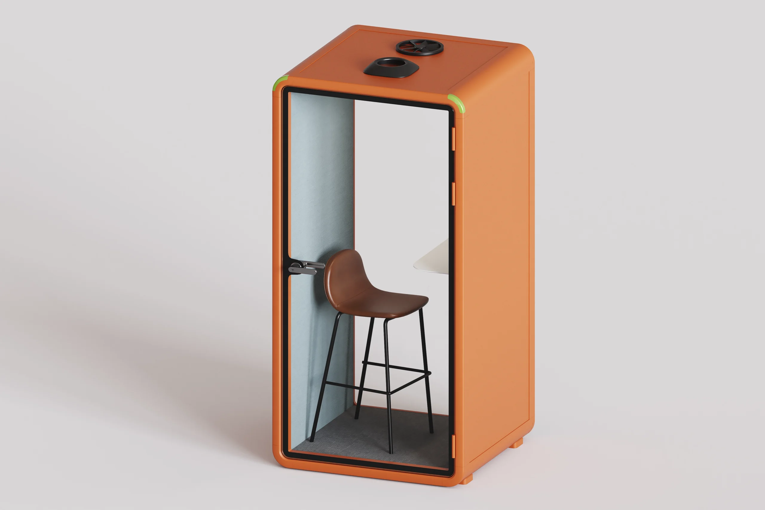 Cabina acustica individuale color arancione con sedia e tavolino pieghevole
