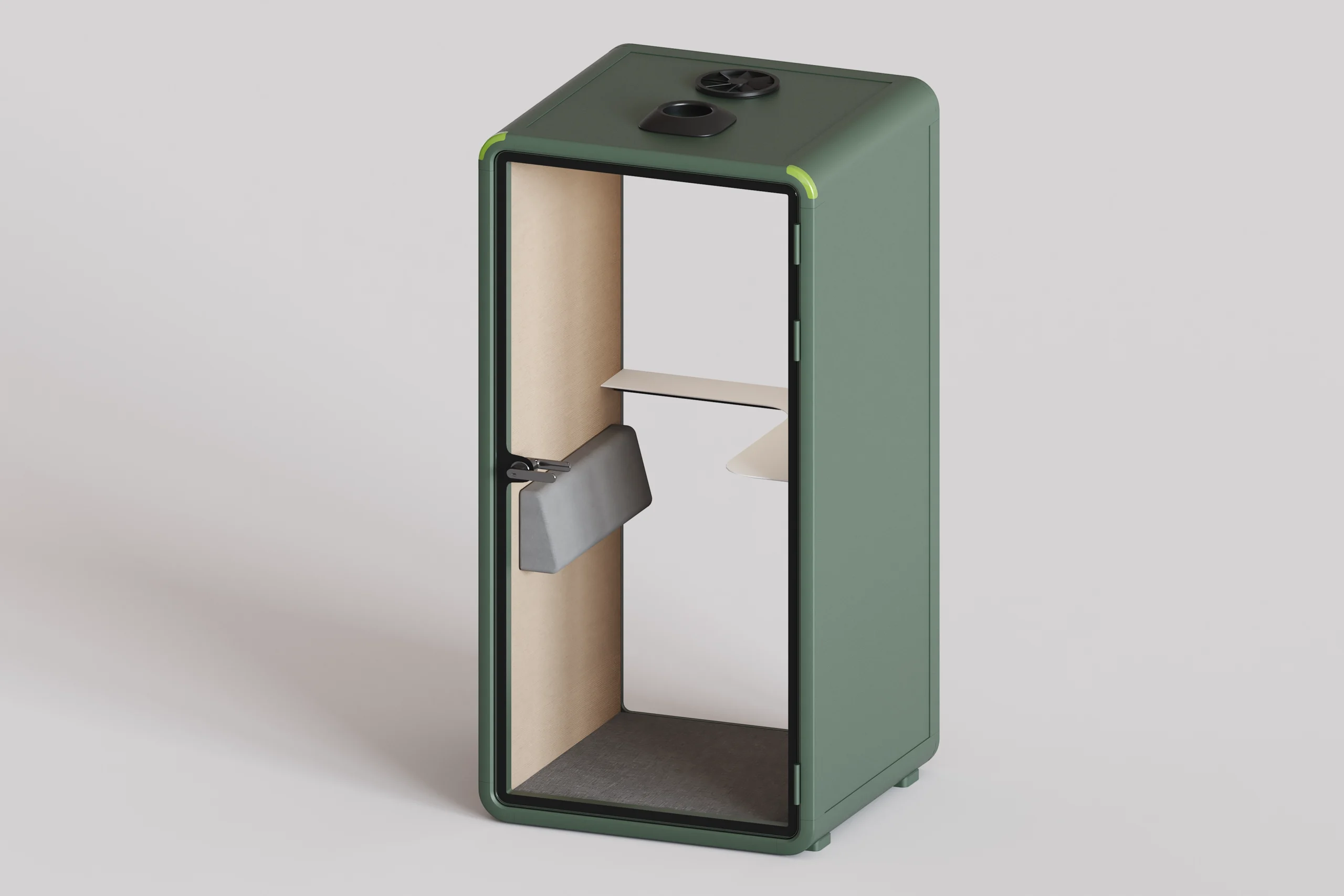 Cabina acustica individuale color verde con mensola interna e ventilazione a soffitto