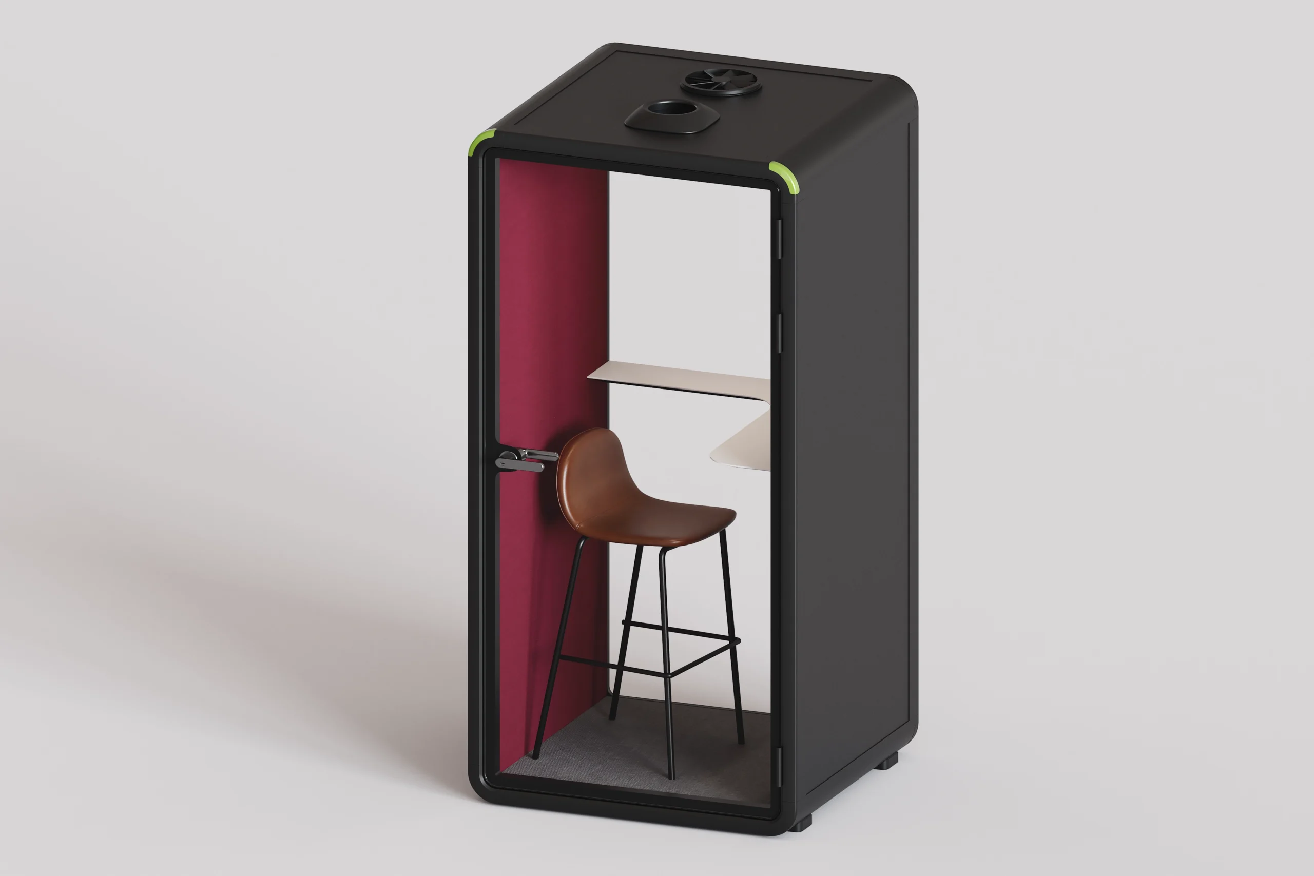 Cabina acustica individuale color nero con interno fucsia