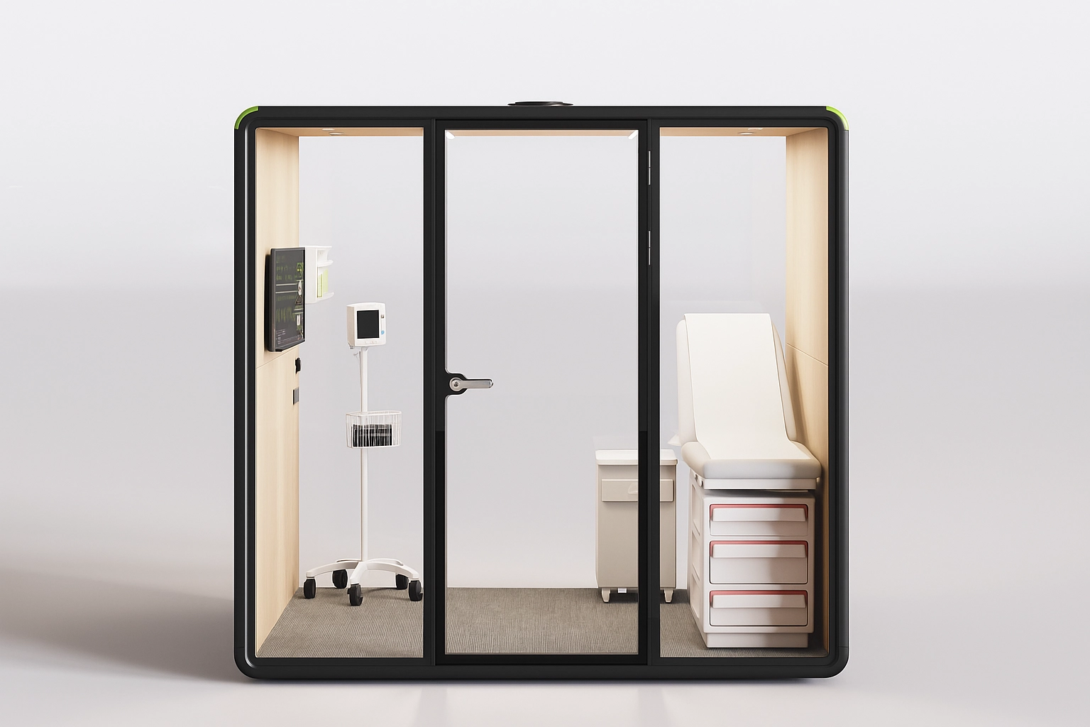 Interno di una cabina Acusto allestita come ambulatorio di telemedicina
