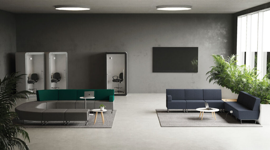 Sala de espera moderna en U mesas de café con diseño contemporáneo